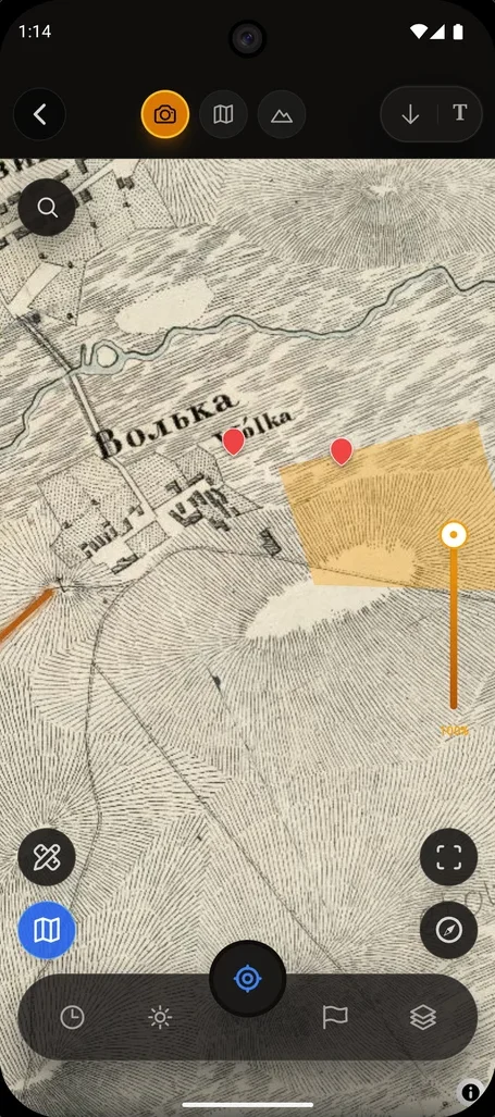 Discovera map screen: an old map of the area around the village of Wólka over a satellite image, with the opacity slider on the right